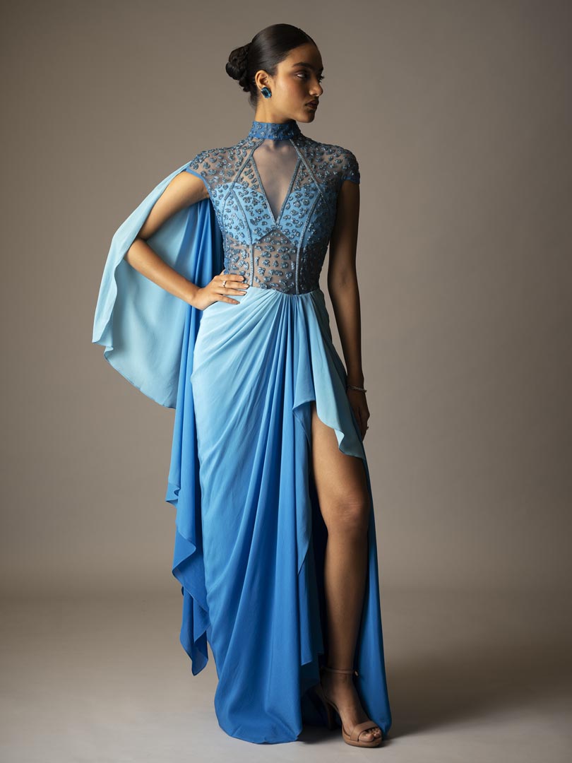 Ombre Blue Saree Gown