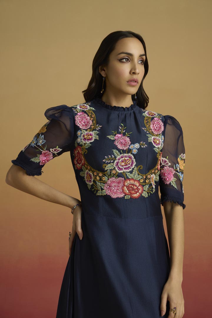 Indigo Floral Chanderi Asymmetric Dress for Luxury Evening Wear