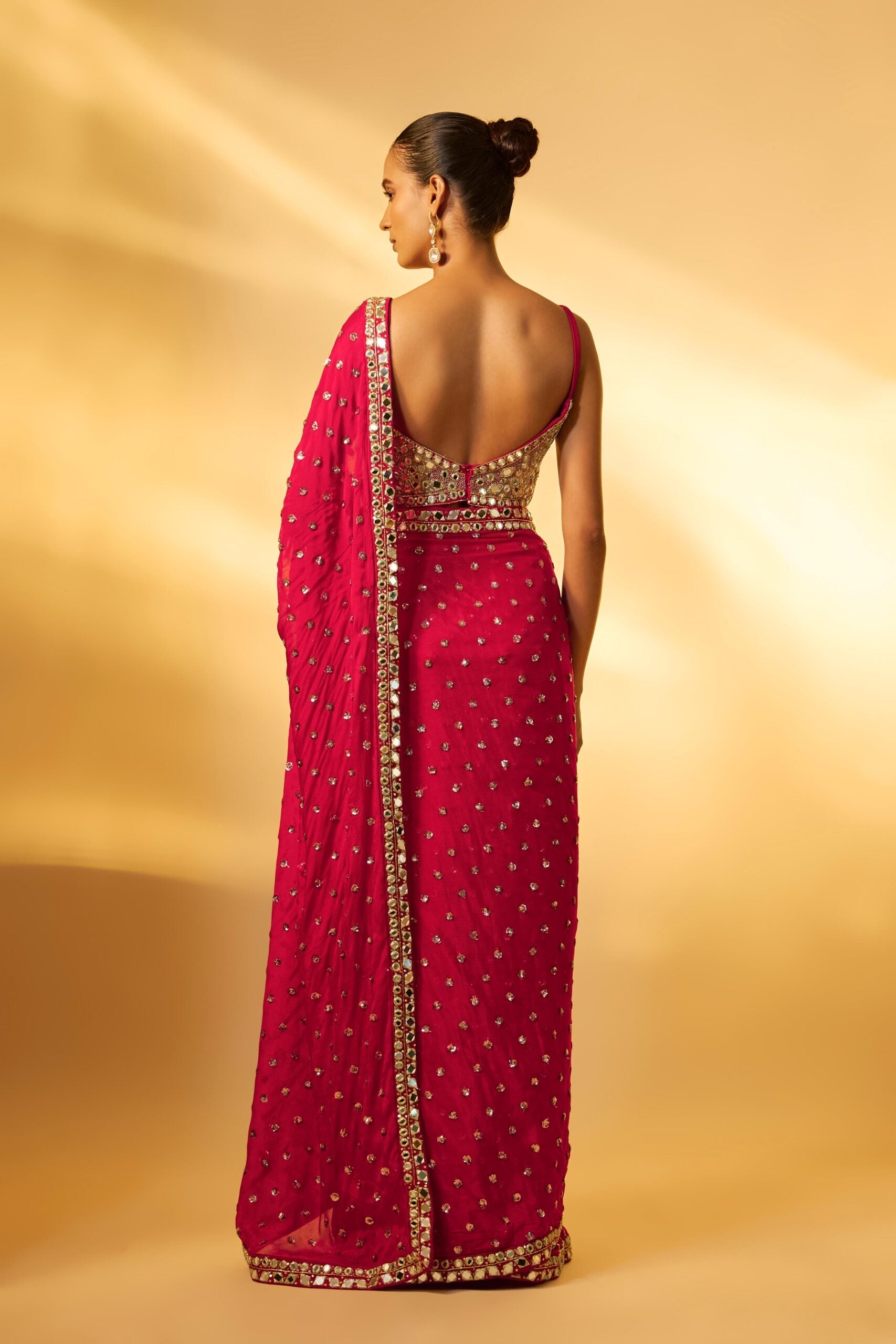 RED CHINON CHIFFON MIRROR EMBROIDERED PRE-DRAPED SAREE SET