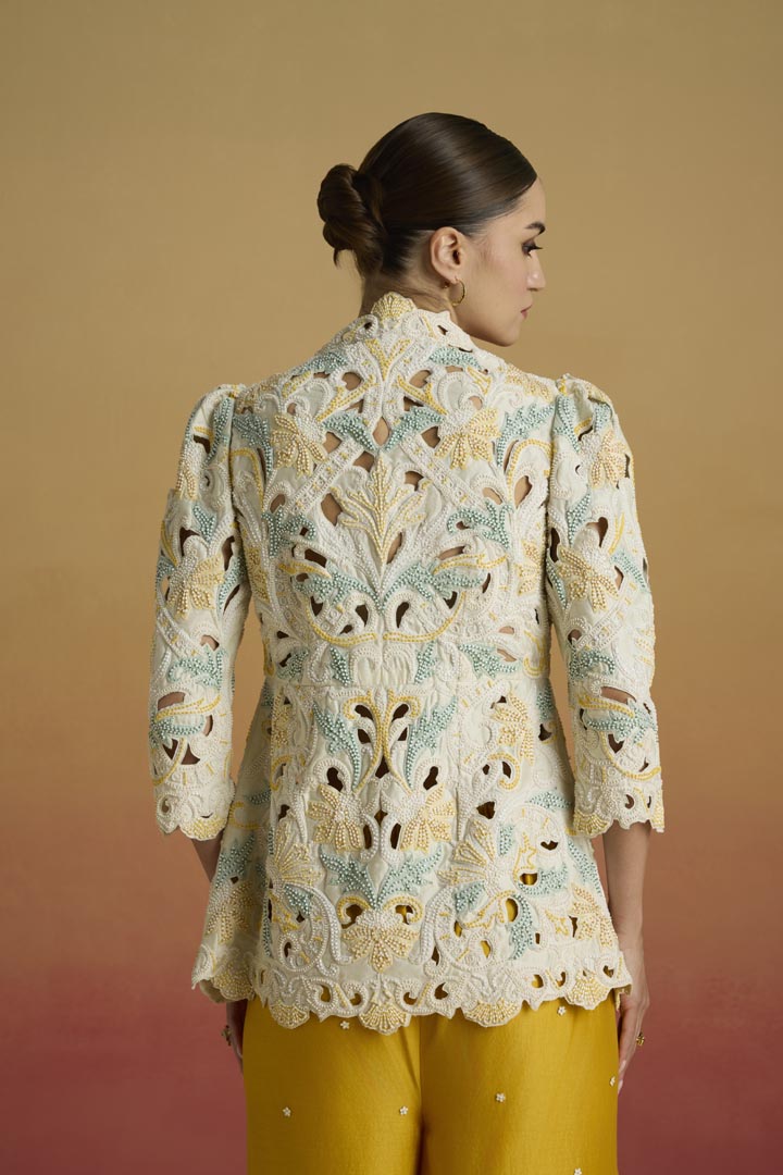 Ivory Cordwork and Beadwork Peplum Jacket in Structured Chanderi