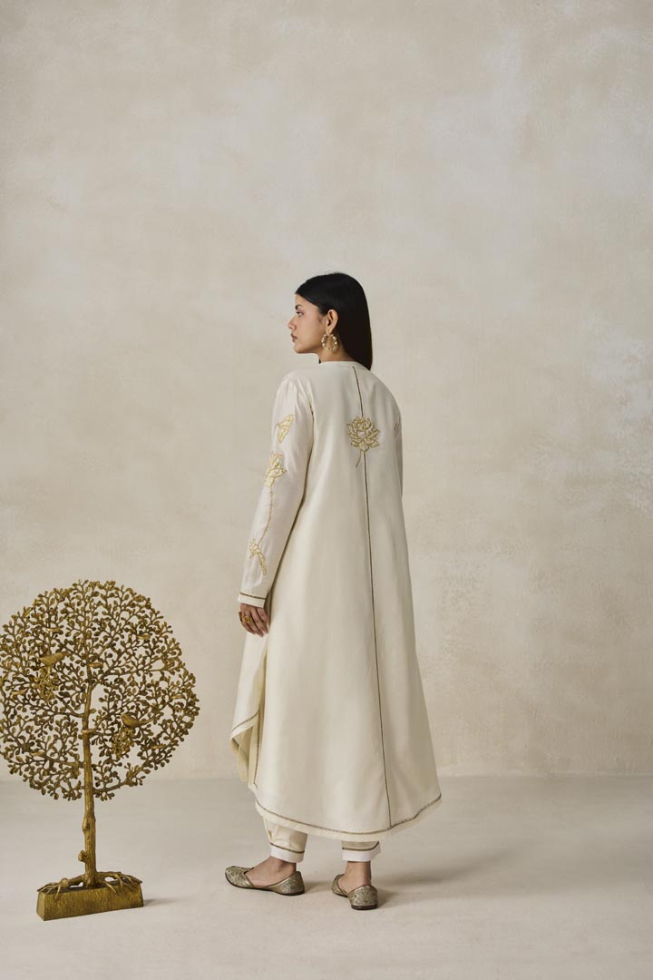 Ivory Chanderi Jacket Style Kurta Set with Narrative Embroidery