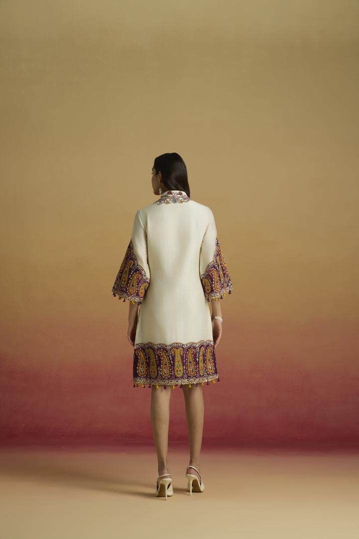 Ivory and Plum Colourblock Chanderi Paisley Occasion Dress