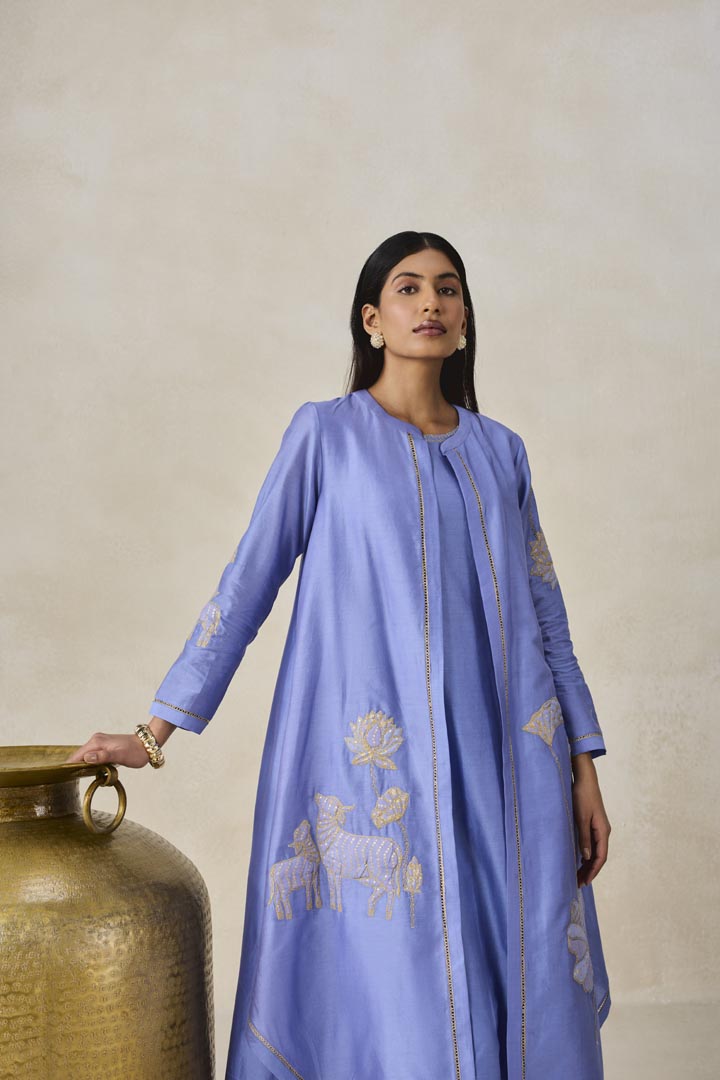 Ink Blue Chanderi Jacket Style Kurta Pant Set for Occasions
