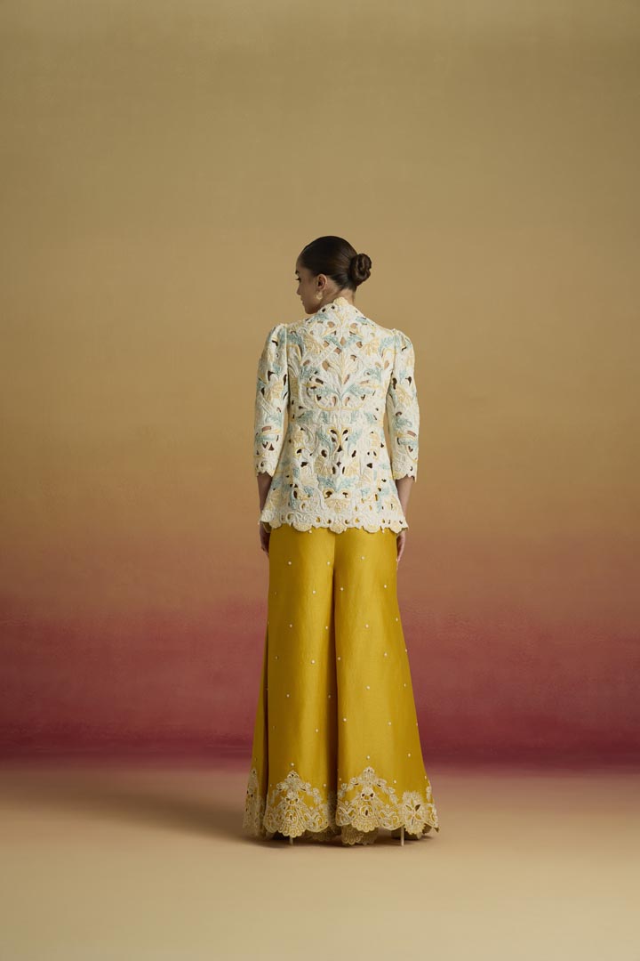 Yellow Contrast Cutwork Sharara - Elegant Chanderi Festive Set