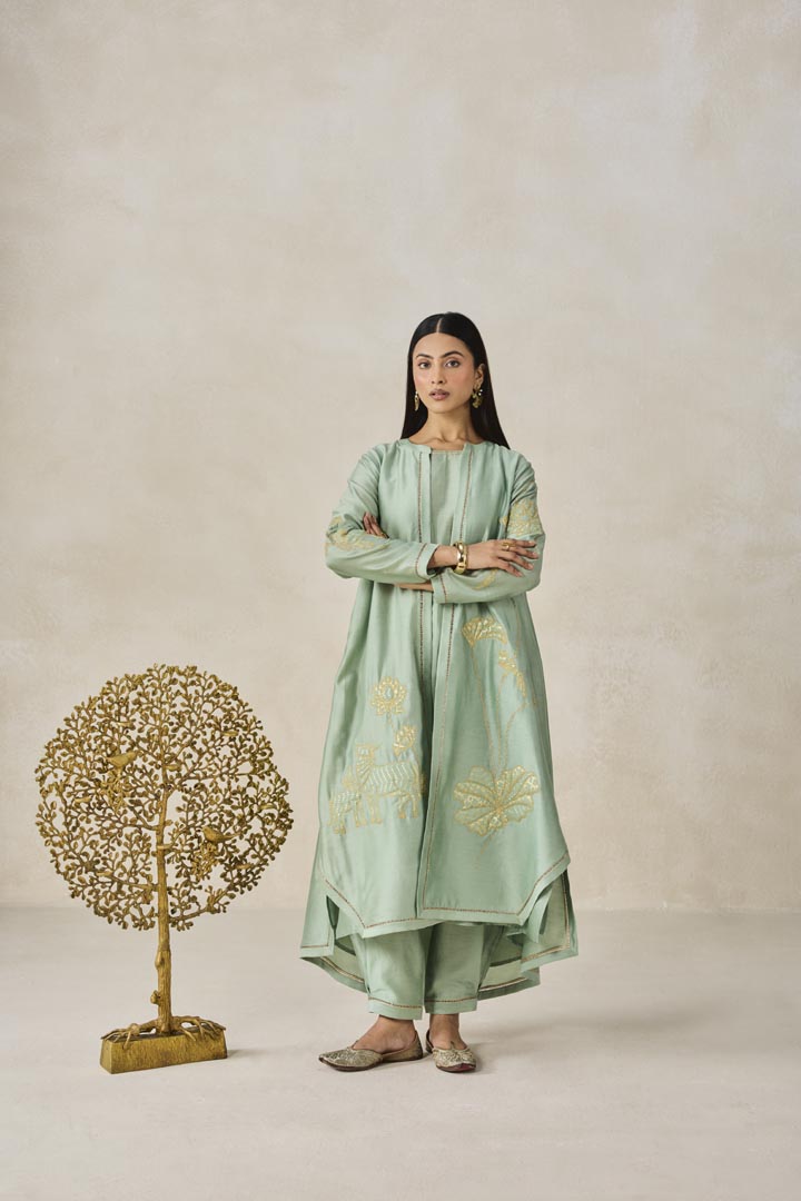 Sage Green Chanderi Jacket Kurta Set with Applique Work