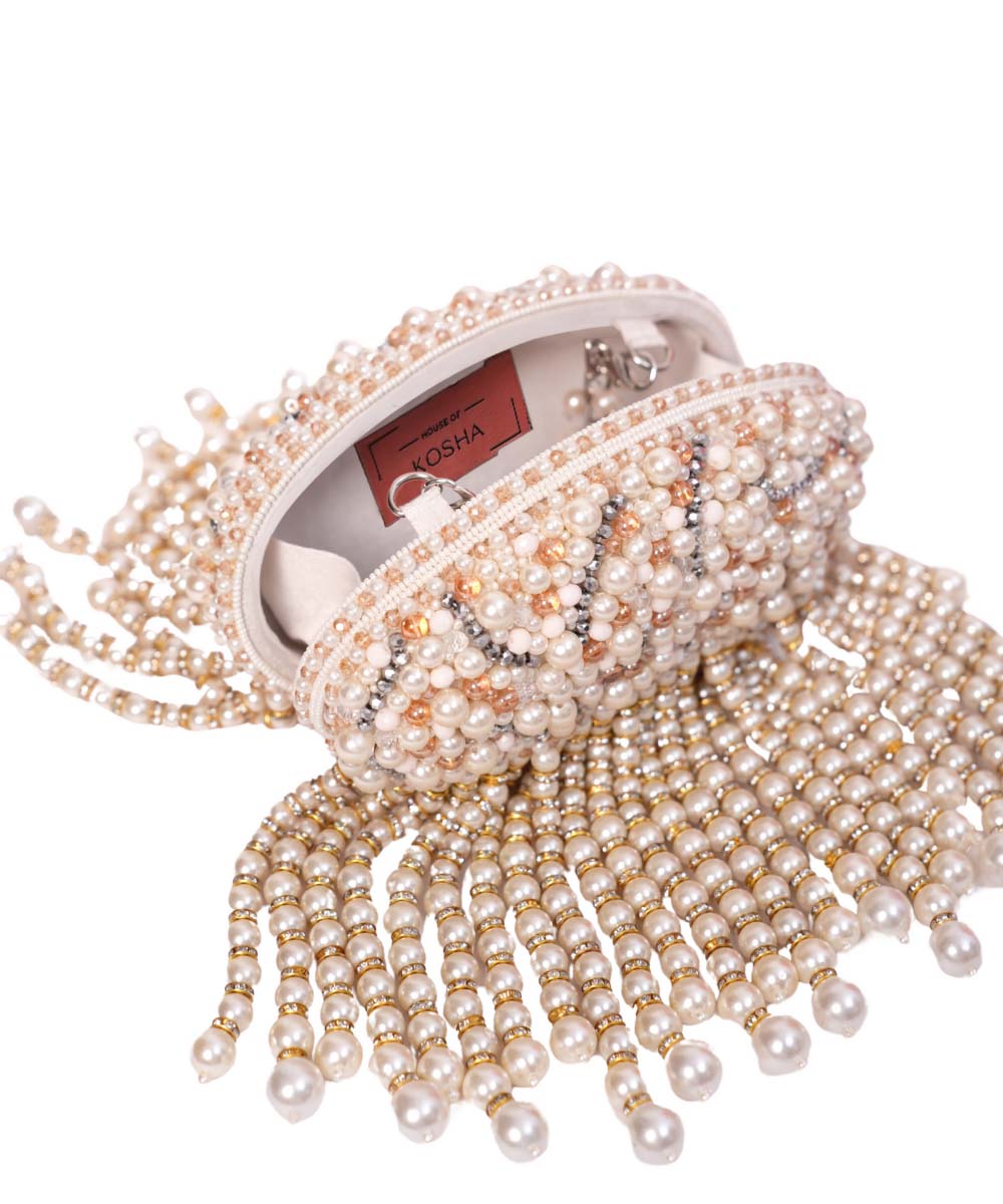 Chloe Ivory Suede Clutch With Big Pearl Hanging