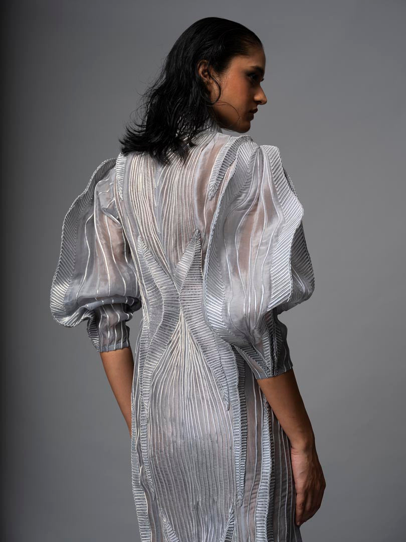 Silver embellished gown with
 sheer detailing and dramatic puff sleeve