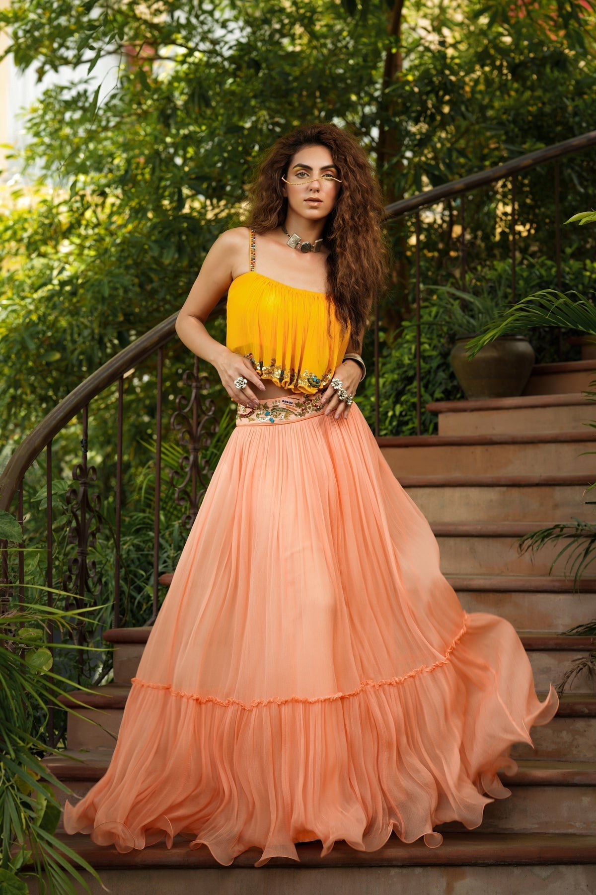 Image of Dilruba marigold boho top with peach skirt