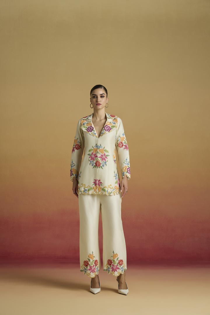Ivory Floral Threadwork and Beadwork Flared Chanderi Jacket