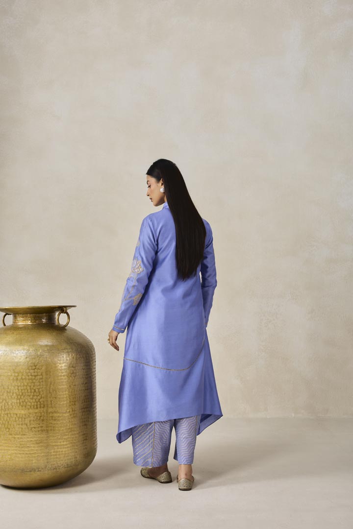 Ink Blue Chanderi Asymmetrical Kurta With Pant Set for Festivities