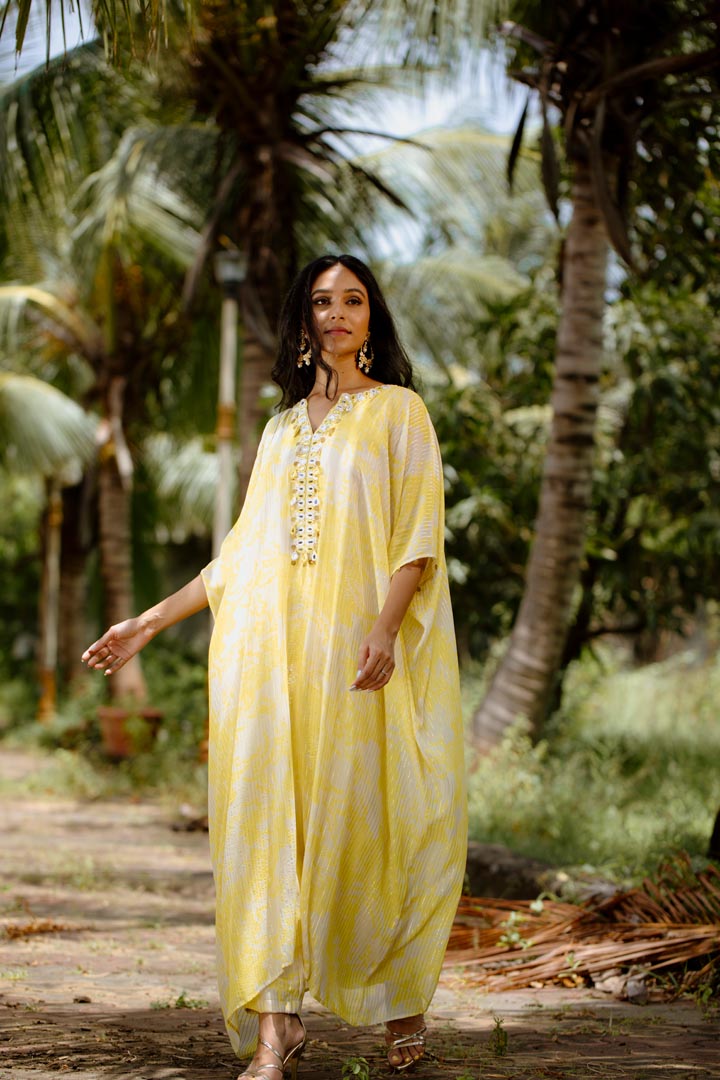 Yellow Viscose Georgette Digital Printed & Embroidered Kaftan Set