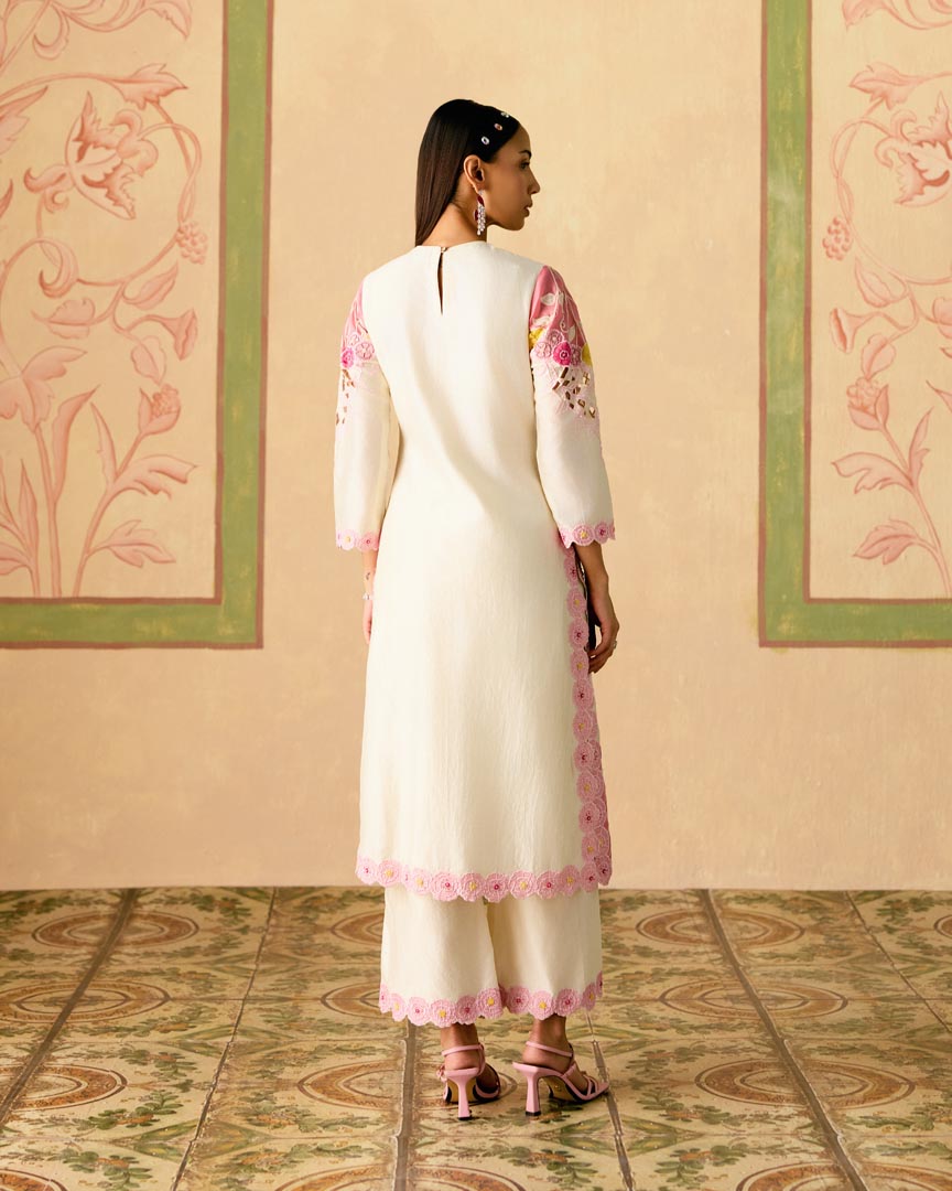 IVORY AND PINK COLOR BLOCK APPLIQUE KURTA