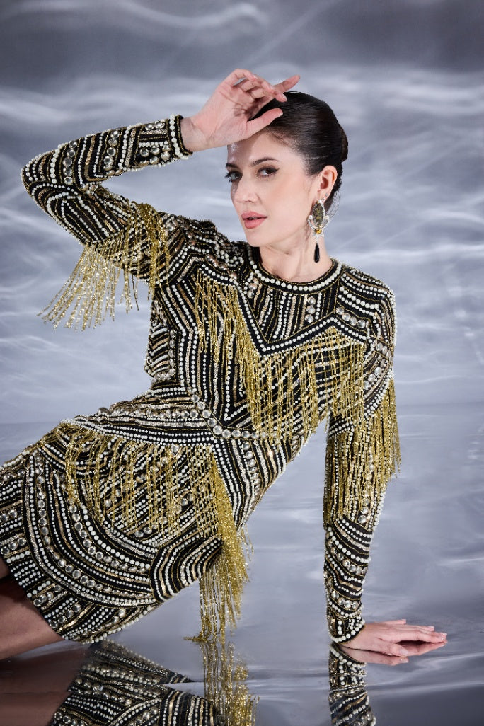 PEARL FRINGE EMBELLISHED MINI DRESS
