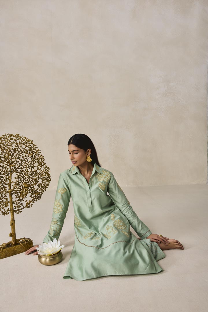 Sage Green Chanderi Asymmetrical Kurta Set for Festive Wear