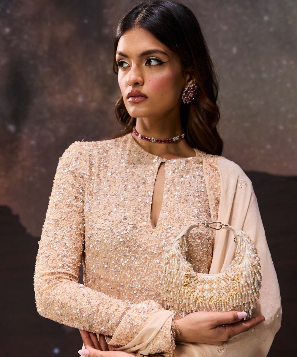 Alara Ivory Pastel Suede Embellished Hobo Bag