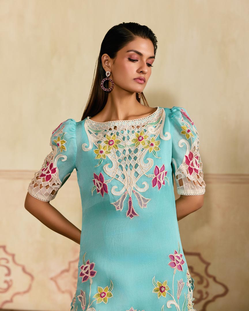 AQUA AND IVORY APPLIQUE AND CUTWORK KURTA