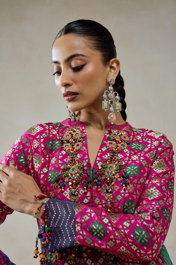 Fuschia Patola Silk Short Jacket Salwar Suit Co-ord Set