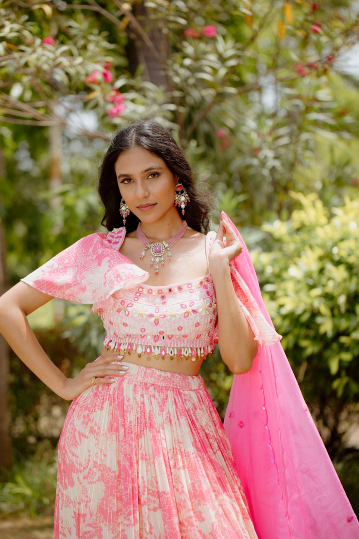 Pink Viscose Georgette Digital Printed Kalidar Lehenga Set