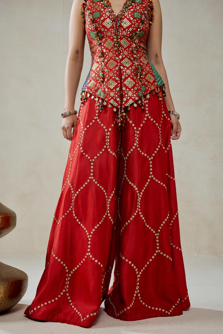 Red Patola Silk Sharara Set with Embellished Structured Top