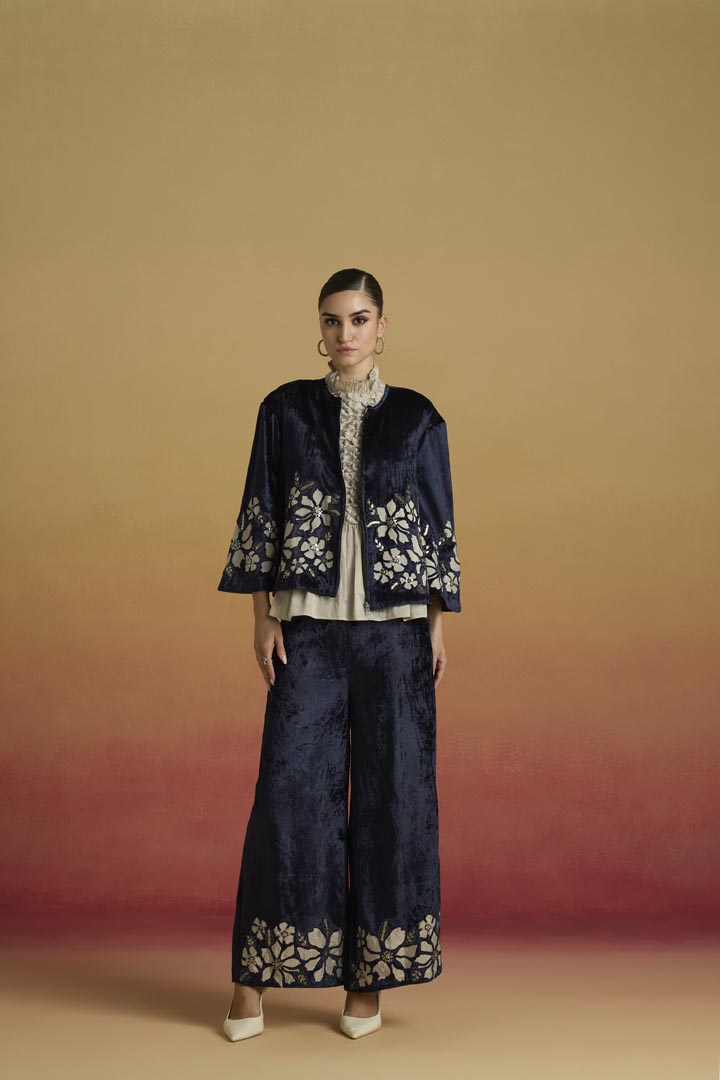 Indigo Silk Velvet Silver Applique Short Jacket for Festive Wear
