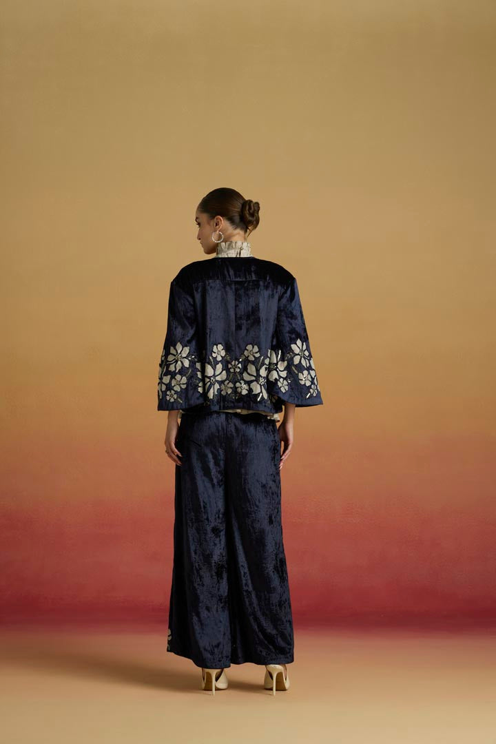 Indigo Silk Velvet Silver Applique Flared Pants for Luxury Occasions