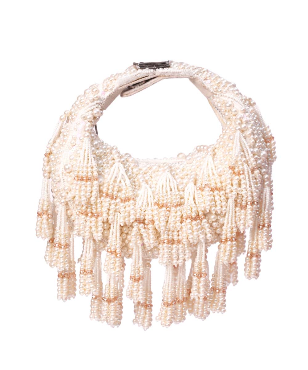 Emma Ivory Suede Pearl Embellished Hobo Bag