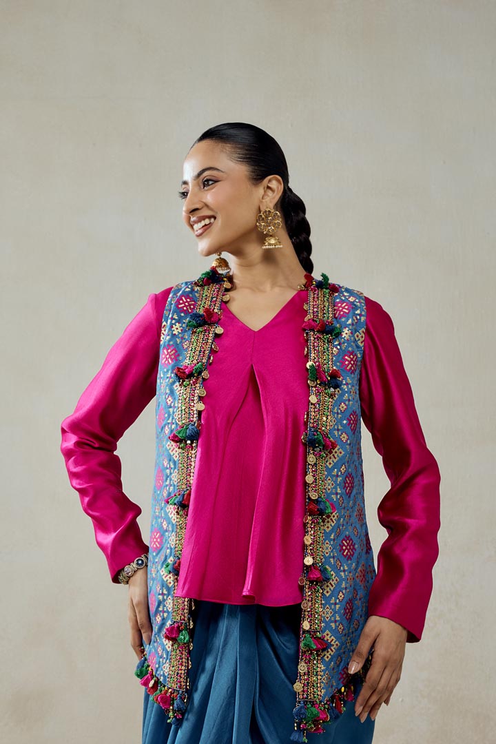 Royal Blue Patola Silk Jacket and Dhoti Skirt Set