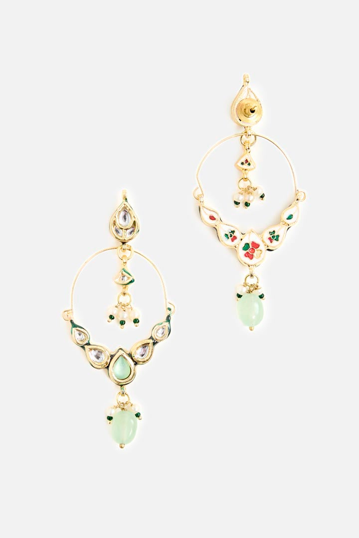 Gold-Plated Polki Earrings with Pink Accents & Green Bead Drops