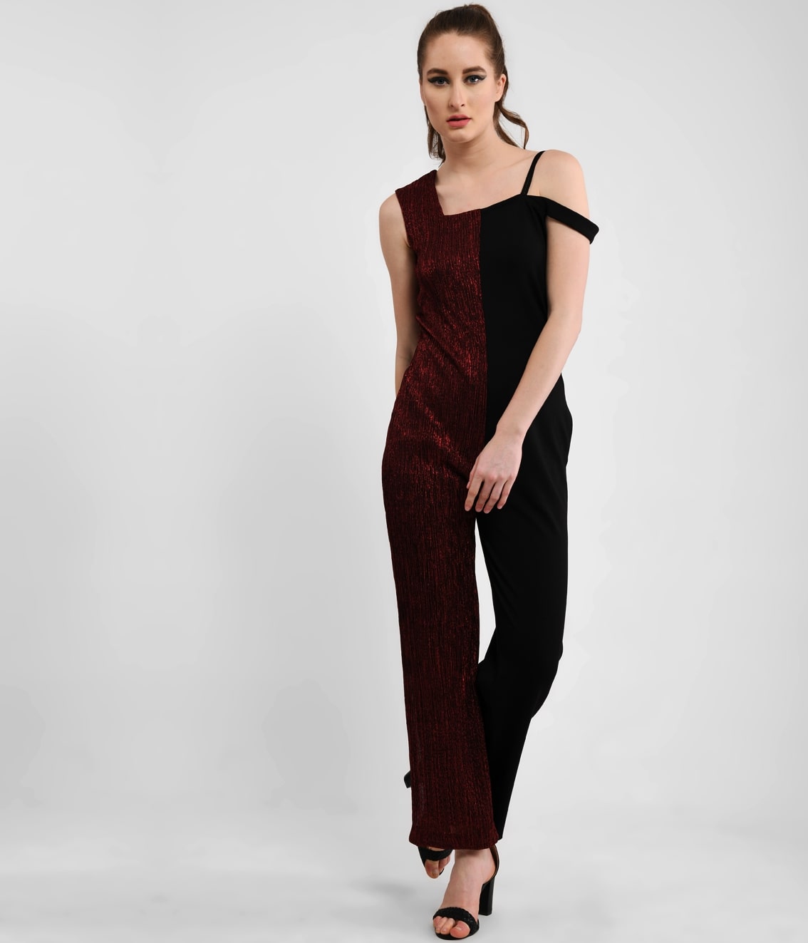 Split Personality Metallic Red & Black Asymmetric Jumpsuit