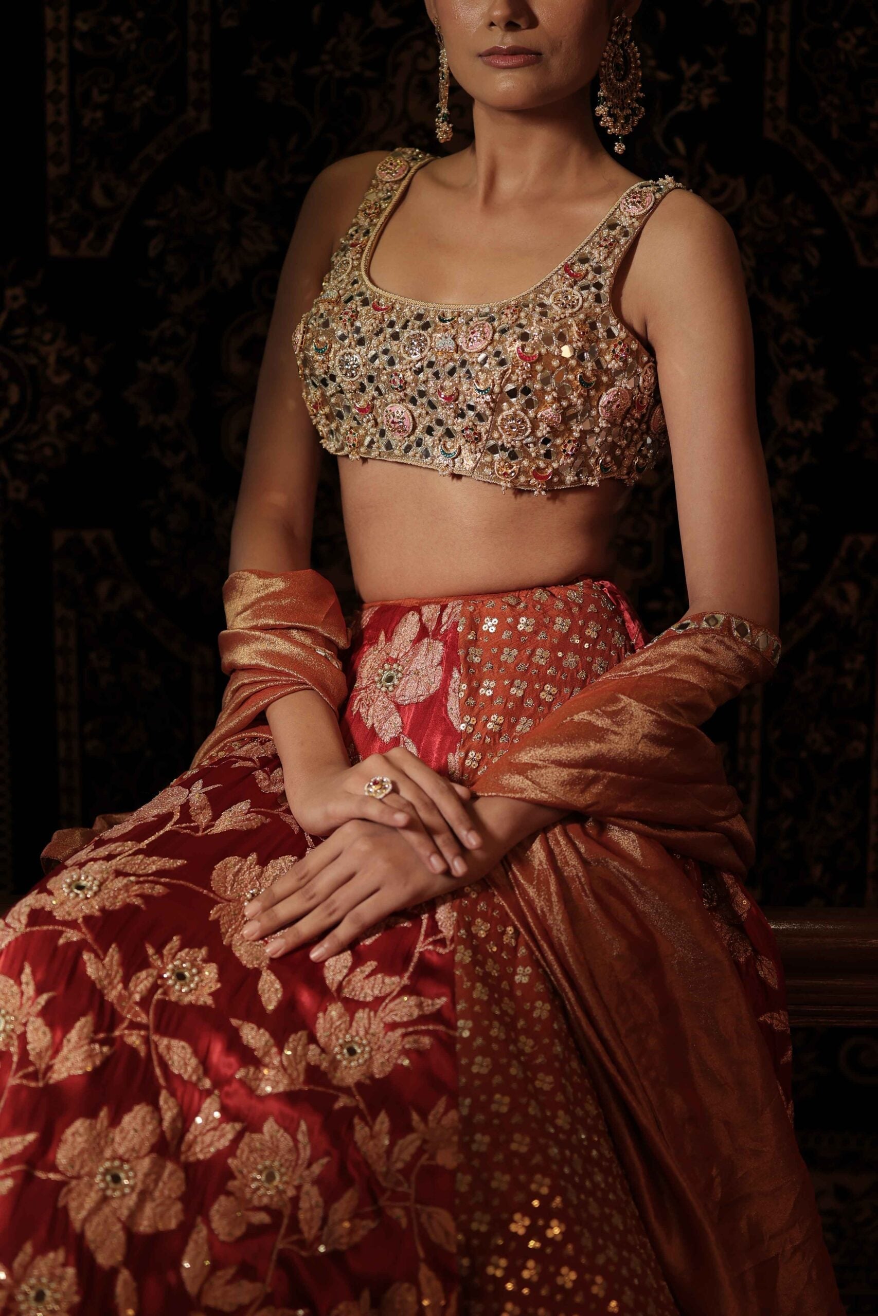 The "Virasat" lehenga choli / Red & Rust jewel embellished lehenga set