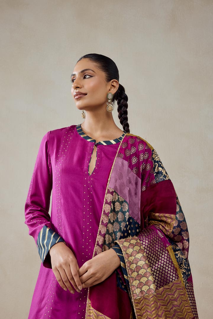 Wine Silk Salwar Suit with Multicolour Brocade Dupatta Set