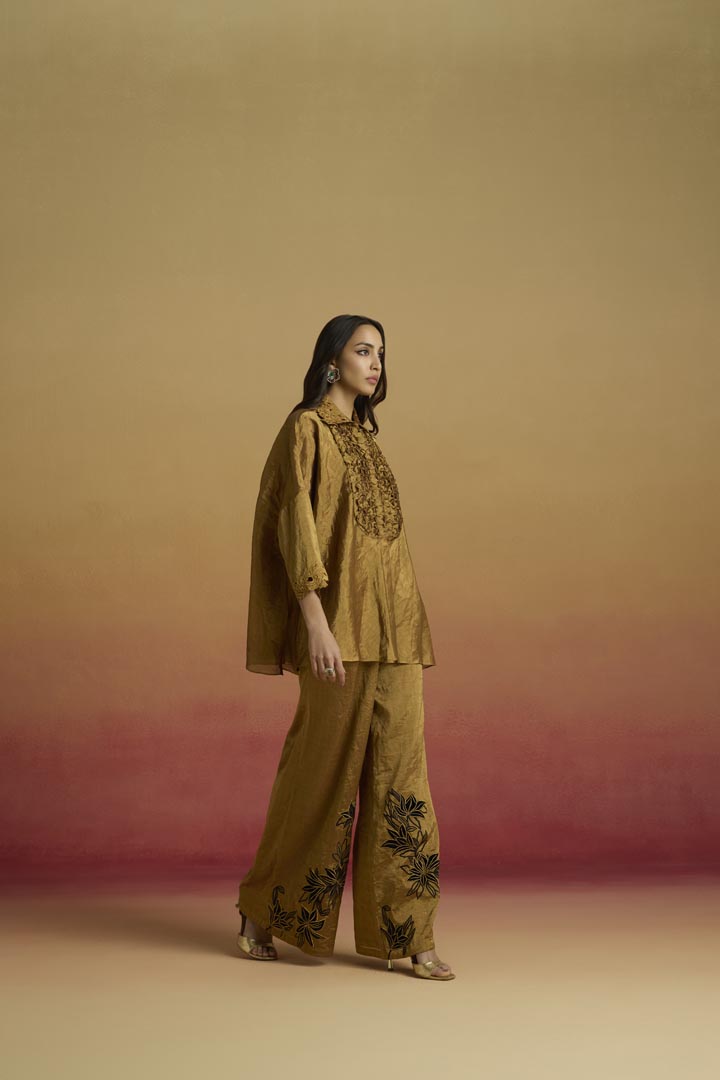 Gold Tissue Smocked Shirt - Crystal Beaded Luxury Evening Wear