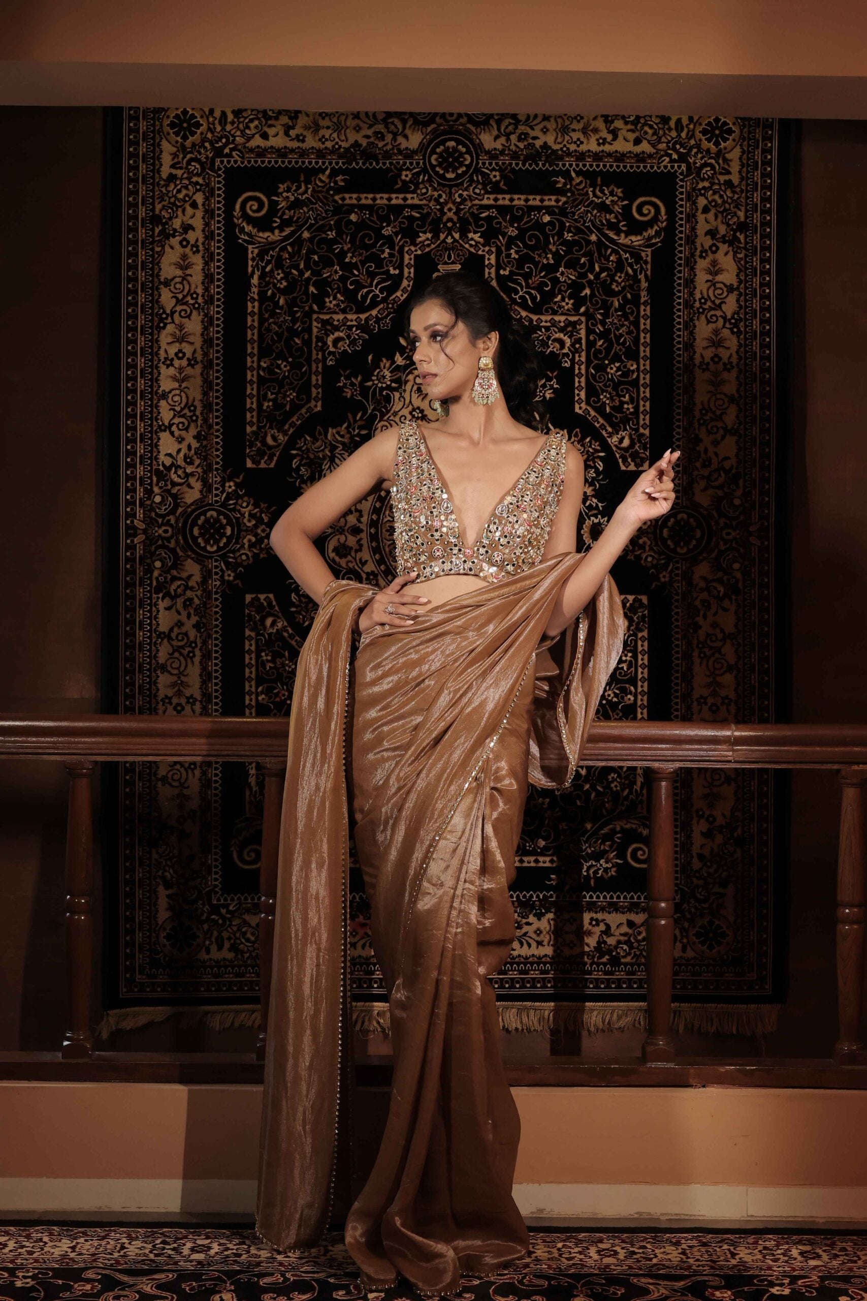 The "Aaina-Ratna Sandhya" saree set / Copper jewel and mirror embroidered tissue saree set