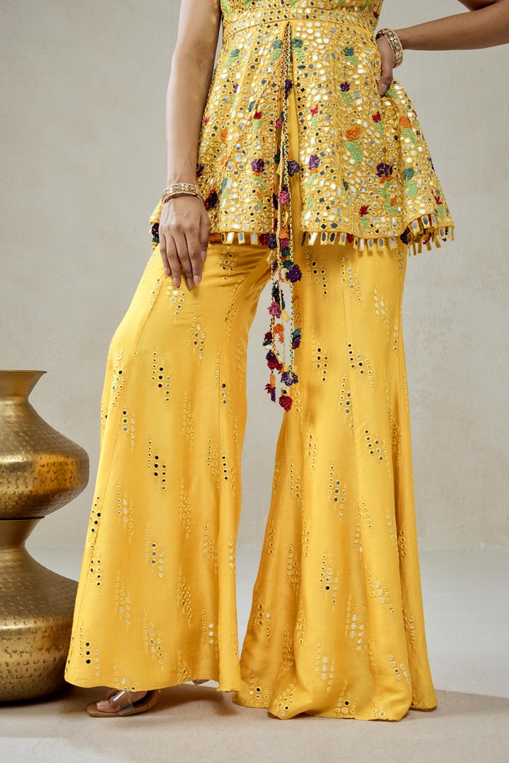 Yellow Embroidered Peplum Sharara Set for Festive Occasions