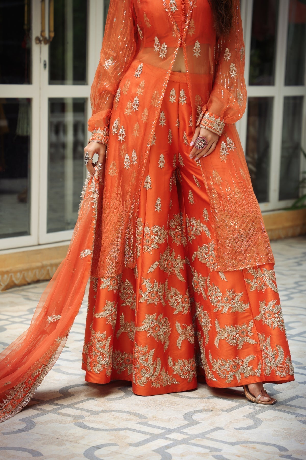 Image of Dilruba narangi gota patti sharara, top,jacket & dupatta set