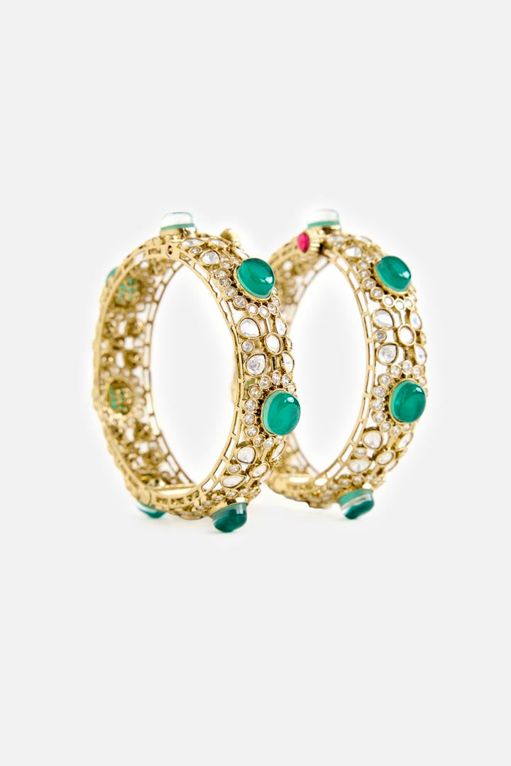 Green Stone & Polki Gold-Tone Bangle Set
