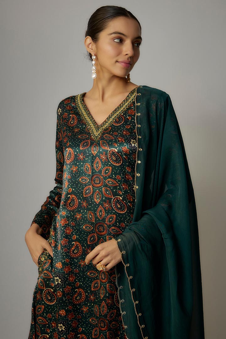 Teal Green Satin Hand Embroidered Angrakha Kurta Set