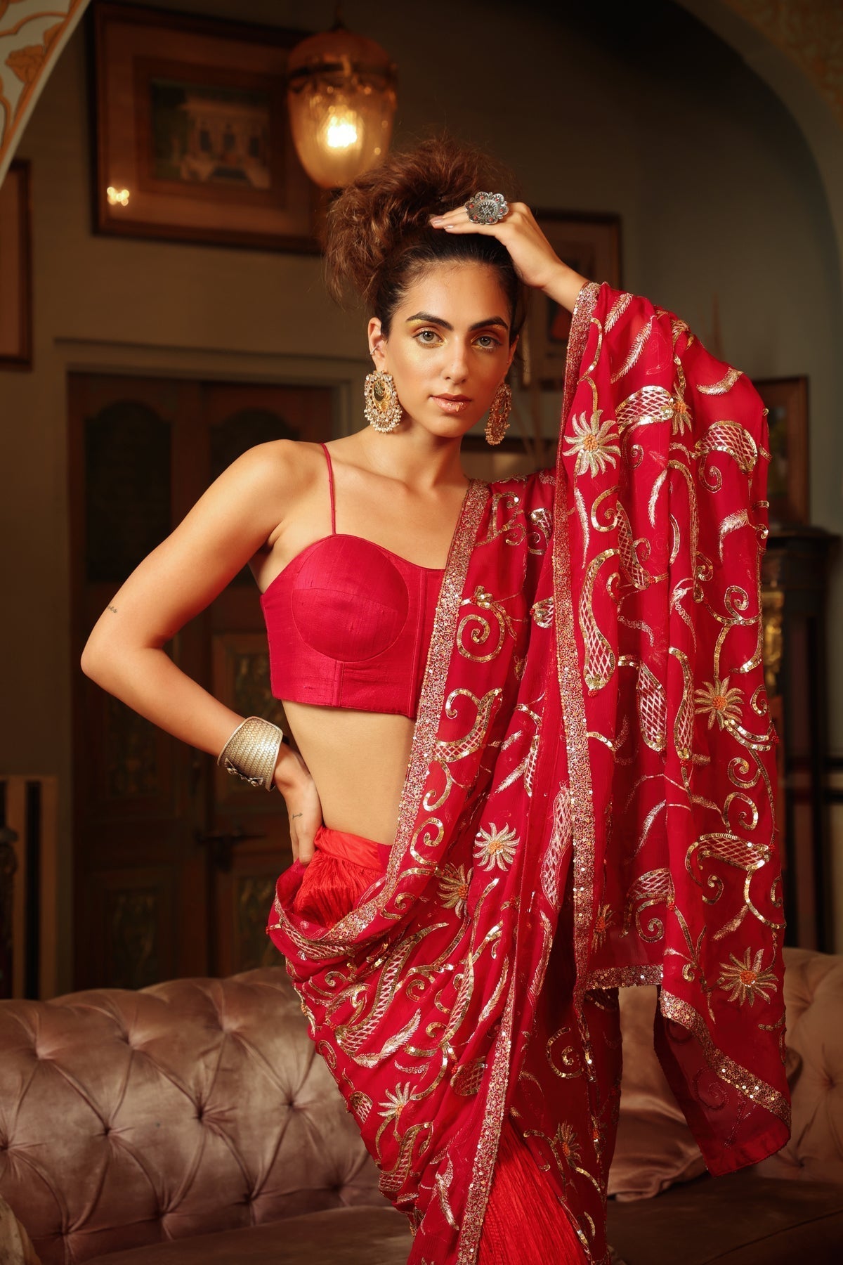 Image of Dilruba rose red sitara saree with crush lehenga and corset blouse