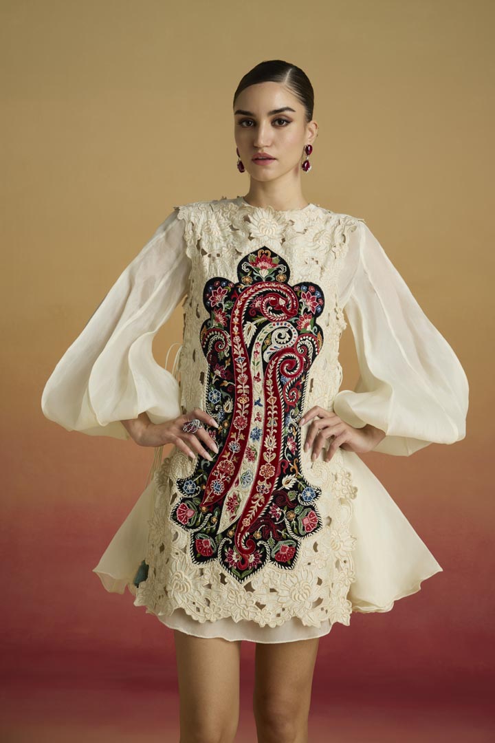 Ivory Cutwork Layered Dress in Chanderi and Silk Organza