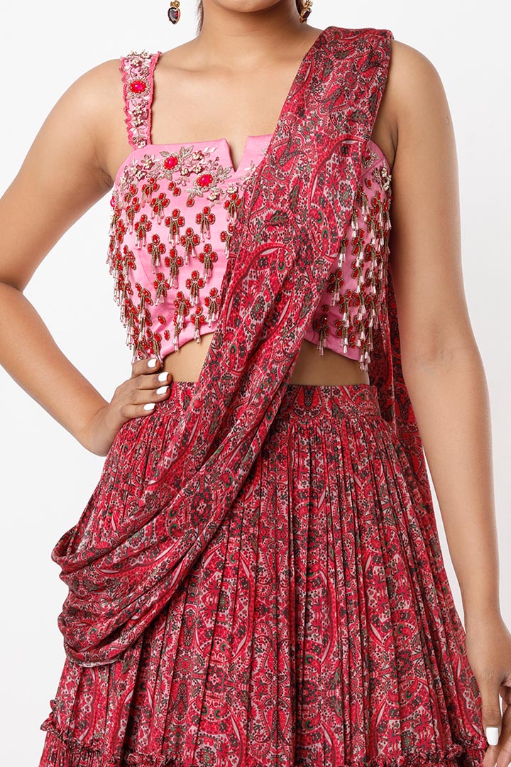 Pink Viscose Printed & Embellished Draped Lehenga Set