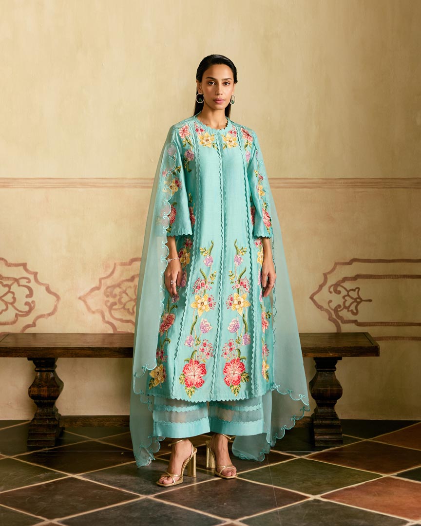 AQUA MOSAIC FLORAL VINES KURTA