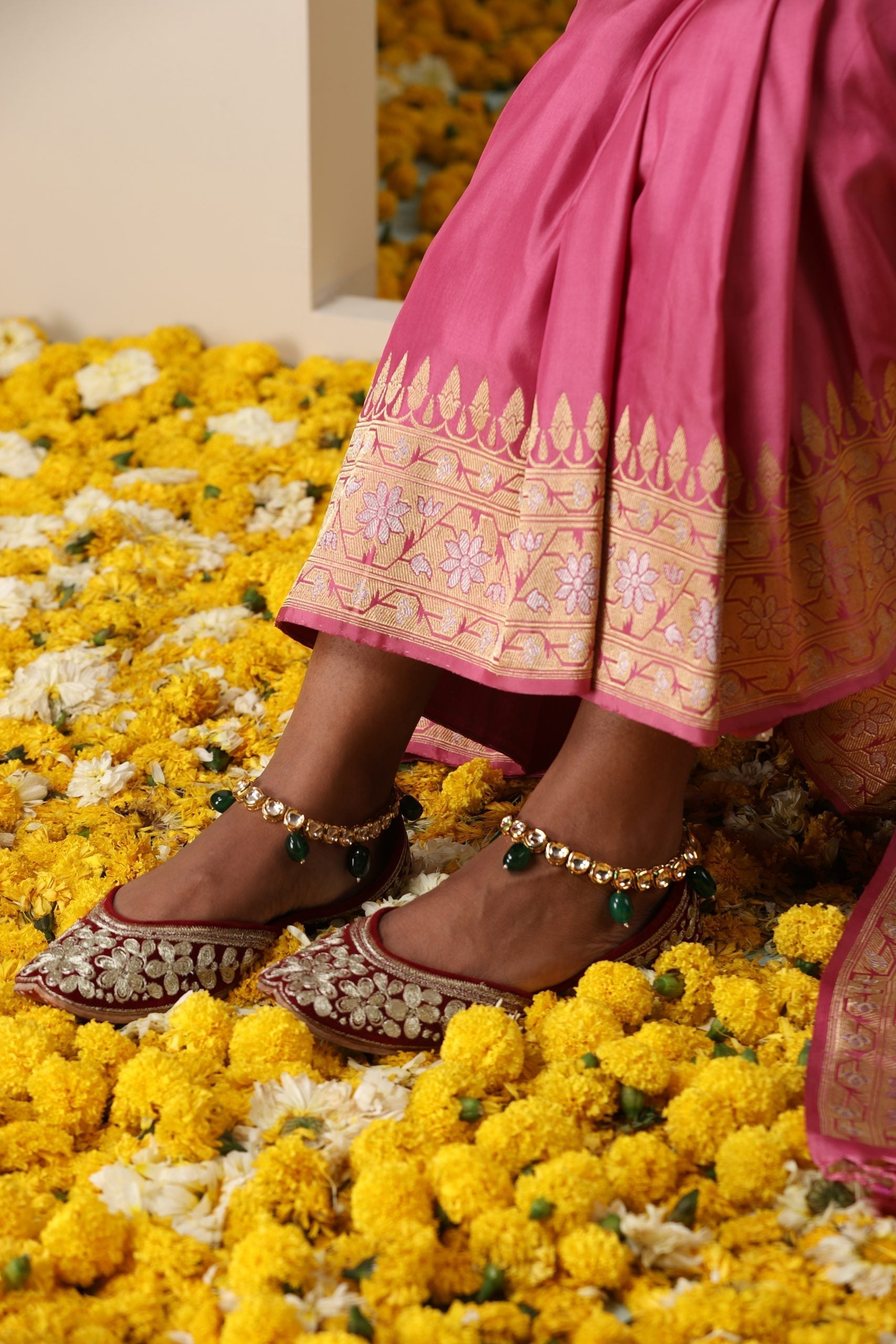 Green Gold Tone Kundan Anklets