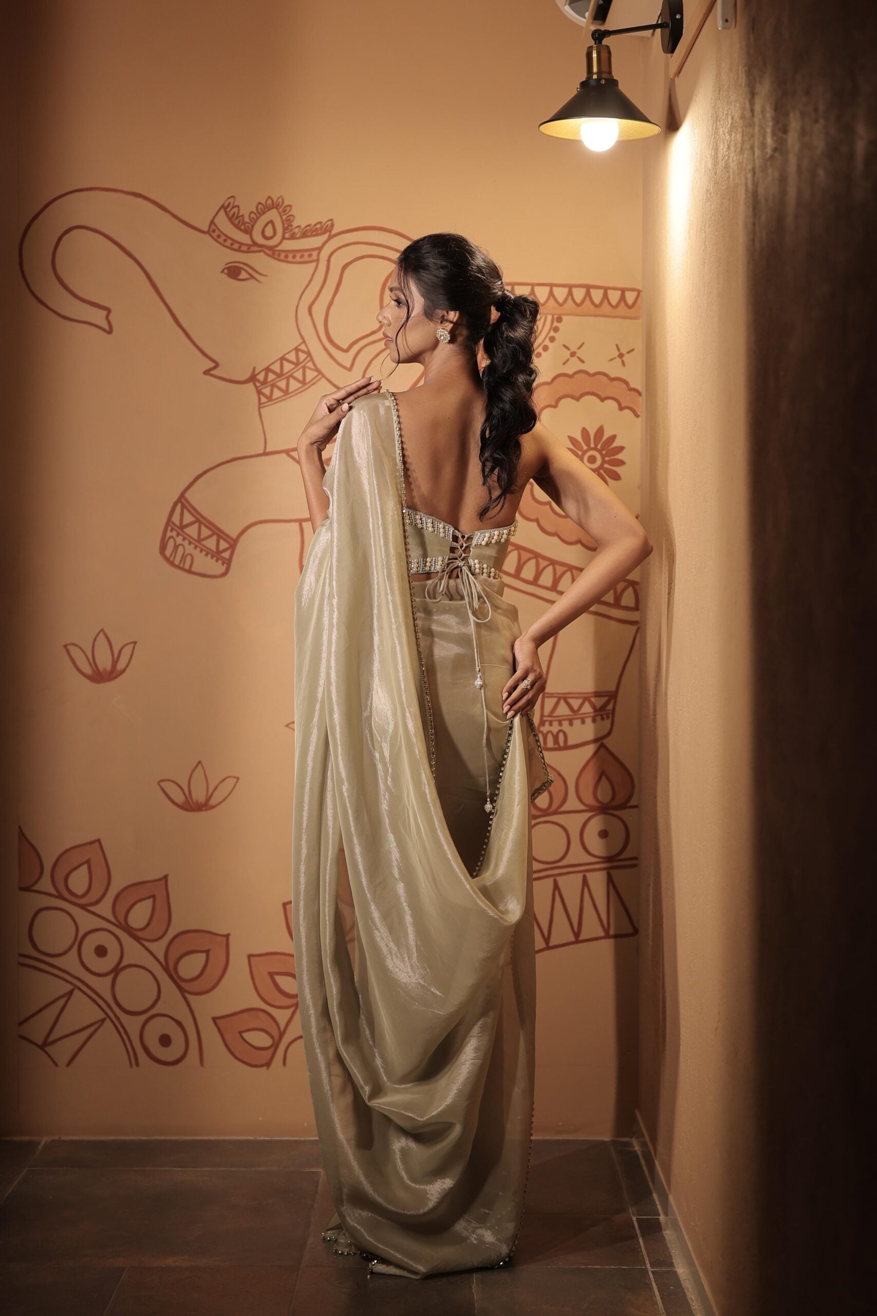 The "Nirvana " pearl saree / Pastel green kundan and pearl embellished tissue saree set