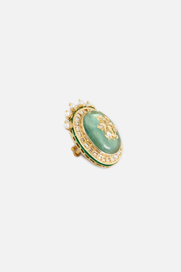 Green Stone & Pearl Embellished Statement Ring