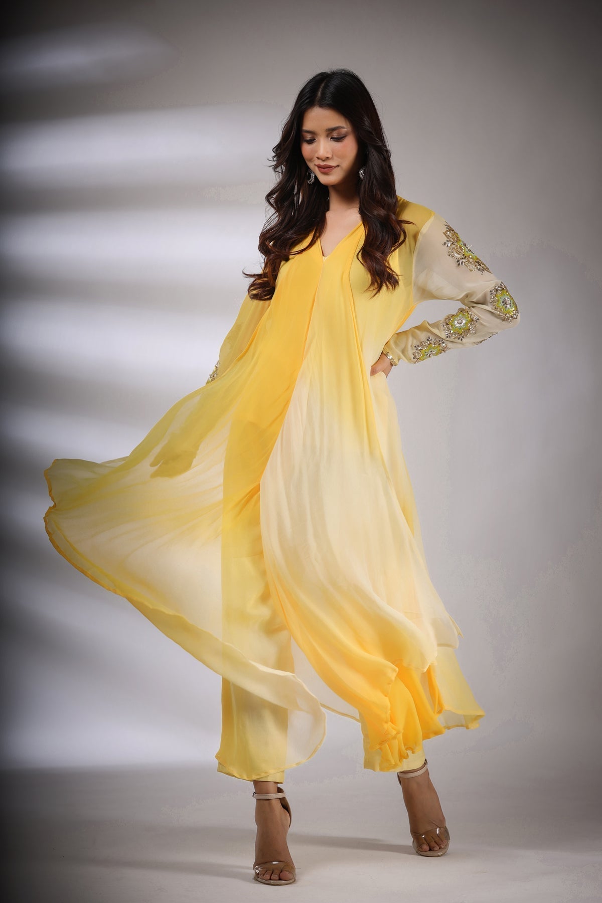 Image of Haseena leheriya set in yellow