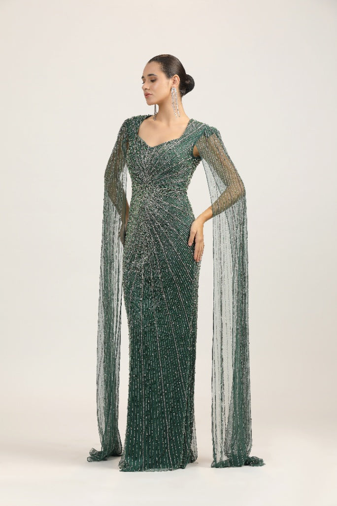 Emerald Green Beaded Column Gown with Cape Sleeves - Luxury Evening Wear