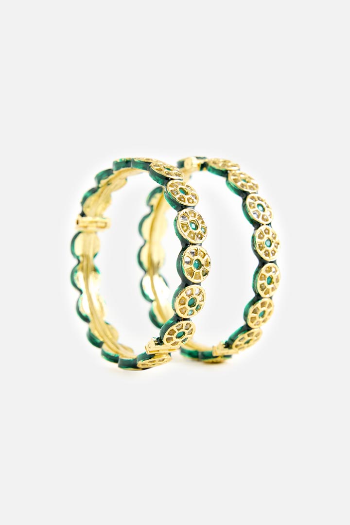 Gold-Toned Green Stone & Pearl Embellished Bangles