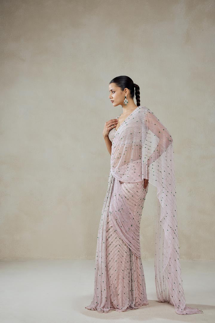 Baby Pink Draped Saree Set with Sequin Work for Weddings