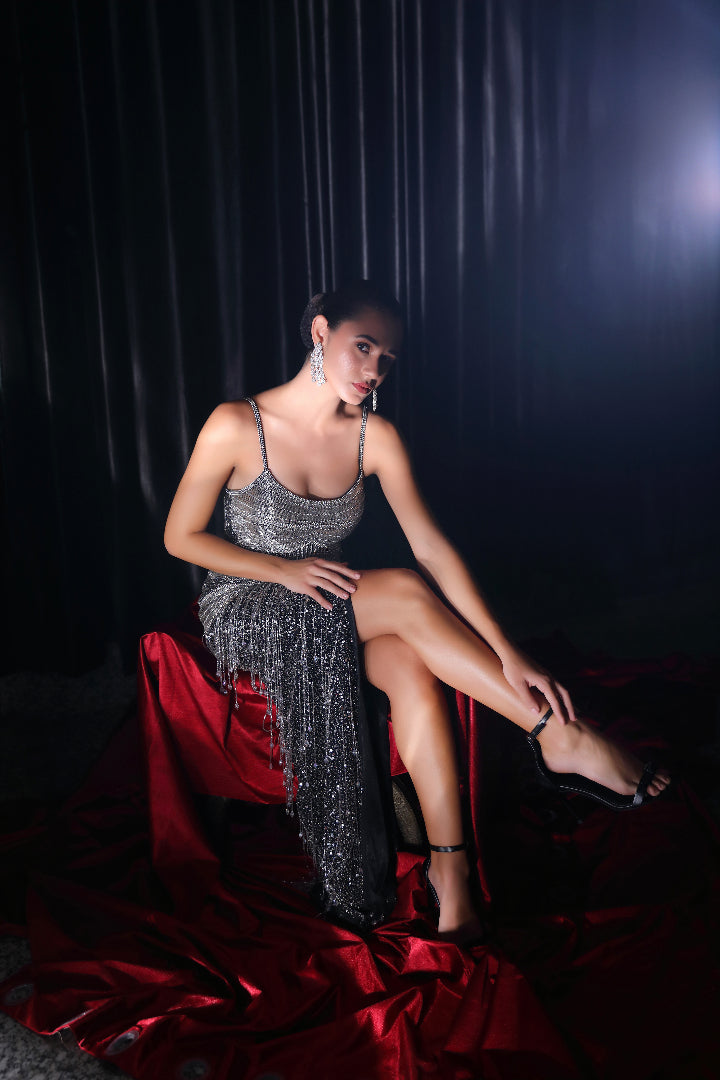 Elysian Noir Hand-Embroidered Mirror Work Evening Gown with Fringes