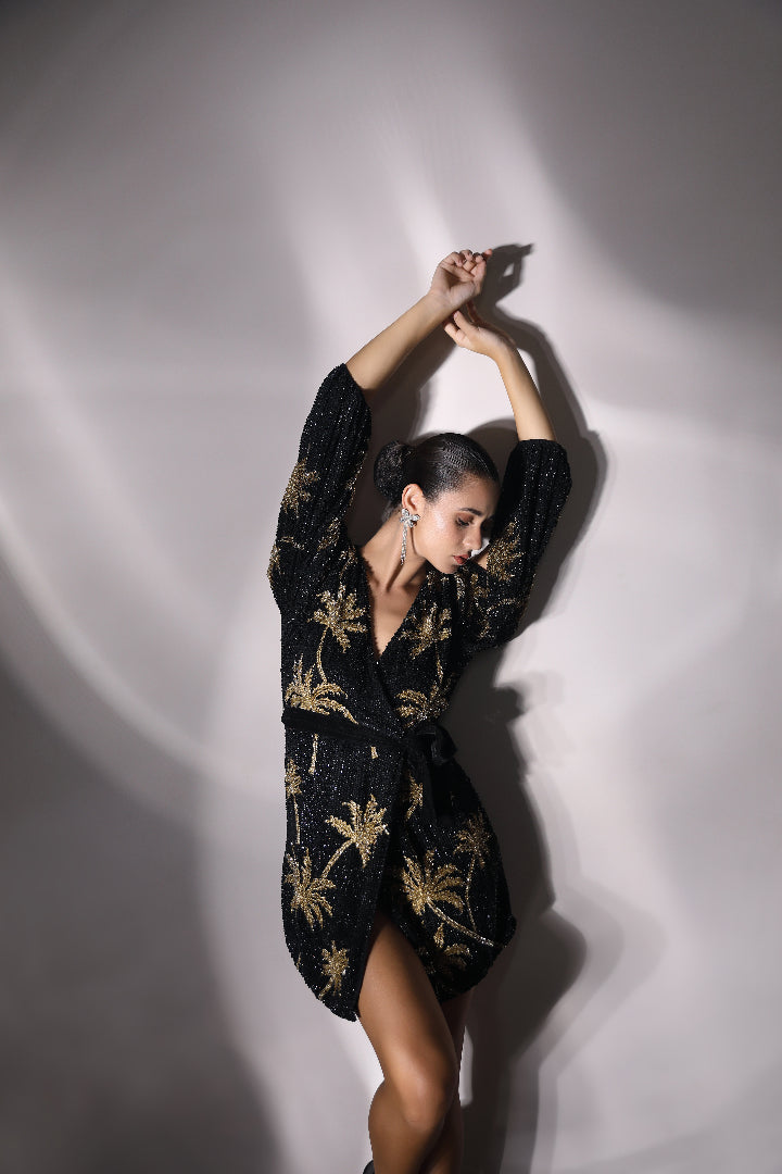 Palm Noir Hand-Embellished Sequin Wrap Mini Dress for Evening Glam